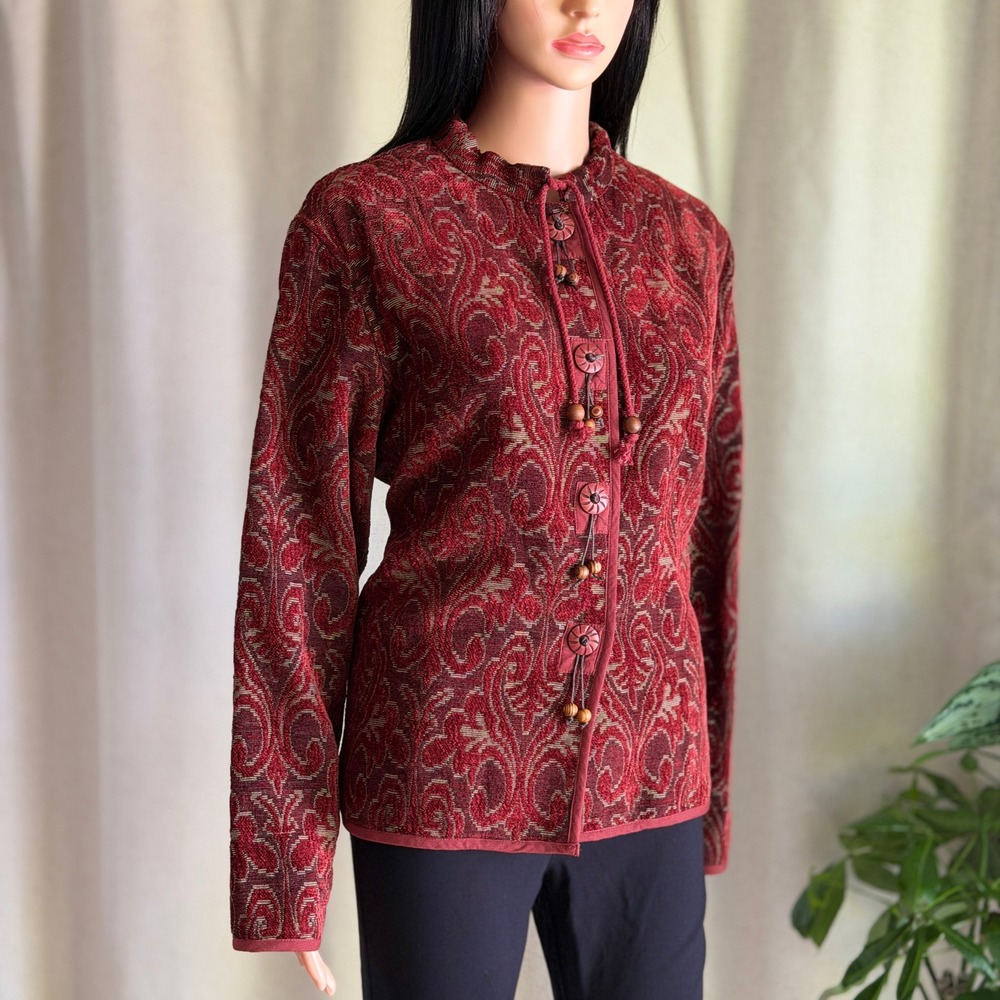 Vtg 90s Flashback Burgundy Paisley Tapestry Button Front Jacket Mock Neck Boho M